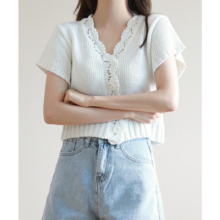 アイボリー | レースパンチングVネック半袖クロップドニットカーディガン | by muni:r