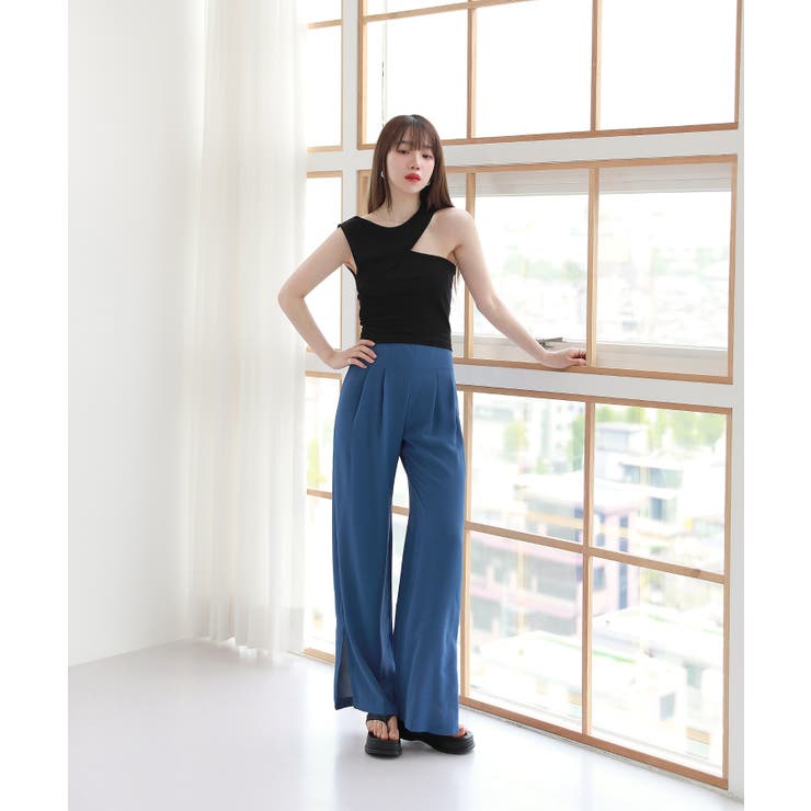 脚が長く見える ハイウエスト ピンタック スリット スラックス | by muni:r | 詳細画像9 