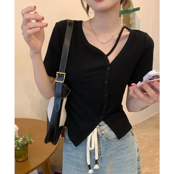 斜線ボタンリブTシャツ | by muni:r | 詳細画像4 