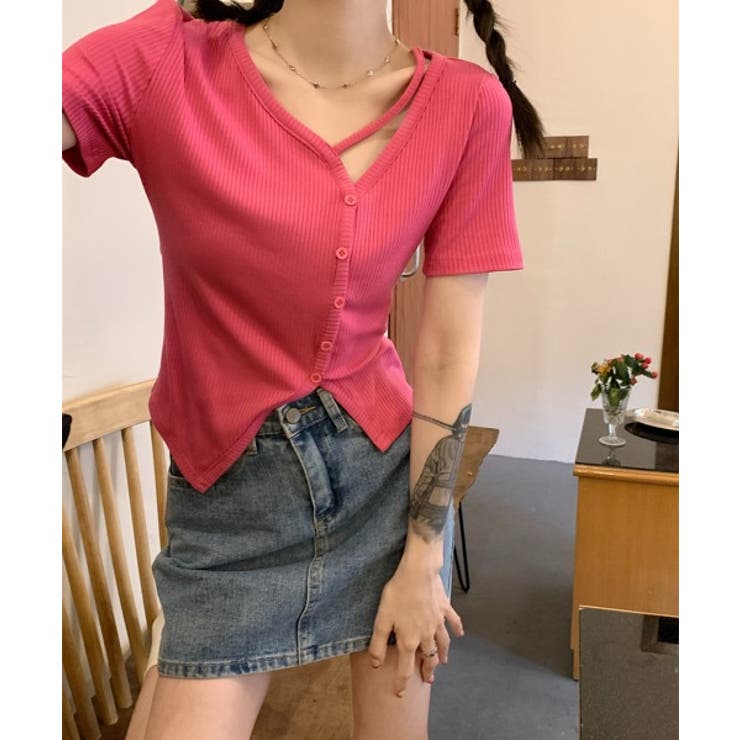 斜線ボタンリブTシャツ | by muni:r | 詳細画像6 