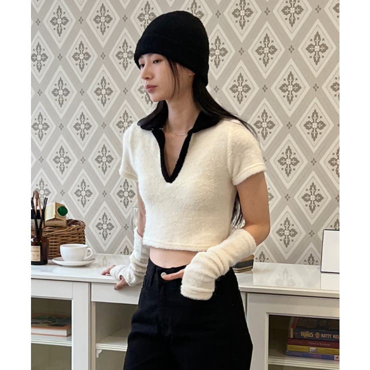 アイボリー | テリーVネックカラー半袖Tシャツ(ウォーマーSET) | by muni:r