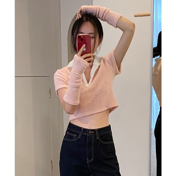 ピンク | テリーVネックカラー半袖Tシャツ(ウォーマーSET) | by muni:r