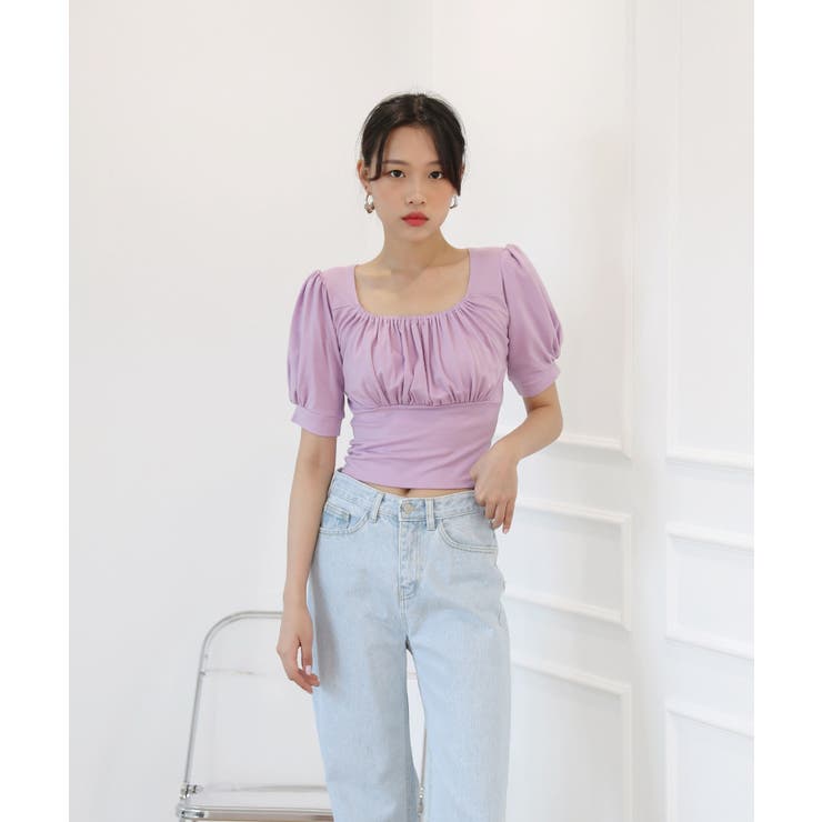 円高還元 スクエアネックバストシャーリングTシャツ/ショート丈 Sサイズ