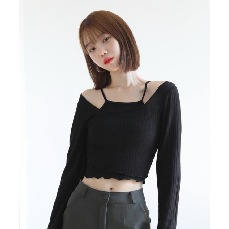 ブラック | リブ素材 ウェーブポイント Tシャツ＆キャミソールセット | by muni:r