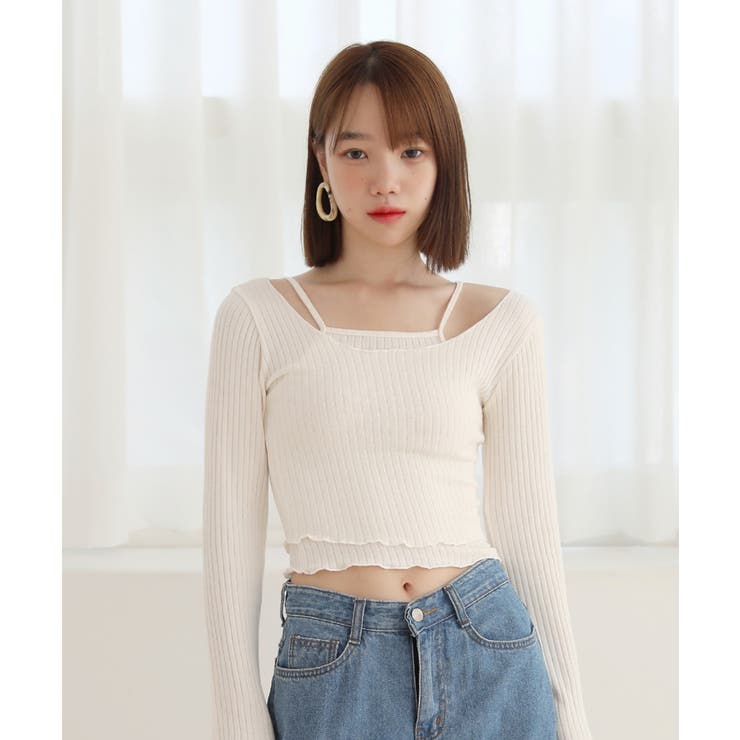 アイボリー | リブ素材 ウェーブポイント Tシャツ＆キャミソールセット | by muni:r