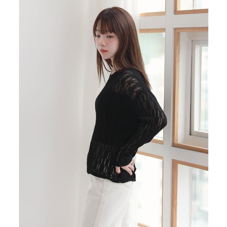 ブラック | ウェーブ チュール 長袖 ニット | by muni:r