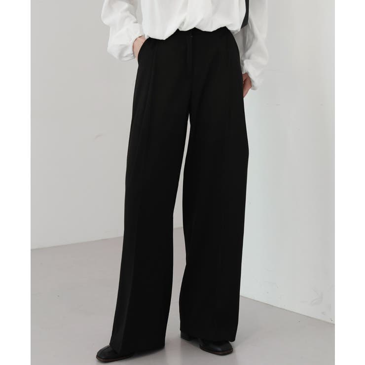 ブラック | ゆらゆらフィット ロング ワイド ピンタック スラックス | by muni:r