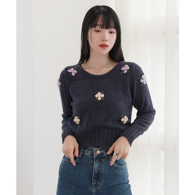 ネイビー | フラワー パターン ラブリー ニット | by muni:r