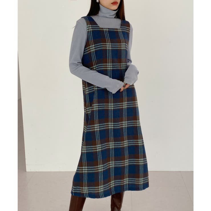 ブルー | チェック柄スクエアネックビスチェワンピース | by muni:r