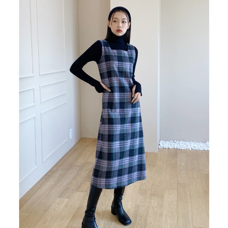 グレー | チェック柄スクエアネックビスチェワンピース | by muni:r