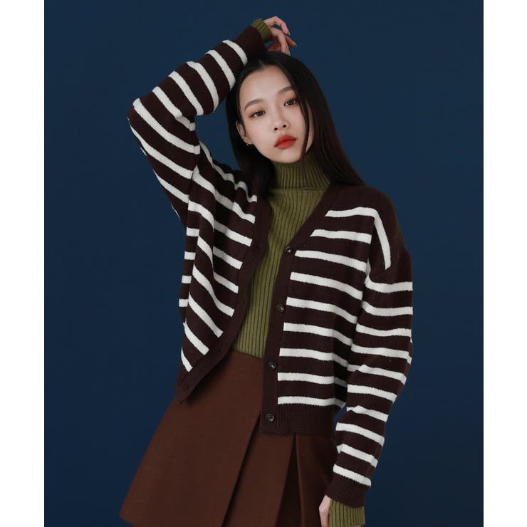 ブラウン | ウール混紡デイリーボーダーカーディガン | by muni:r