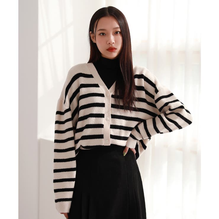 アイボリー | ウール混紡デイリーボーダーカーディガン | by muni:r