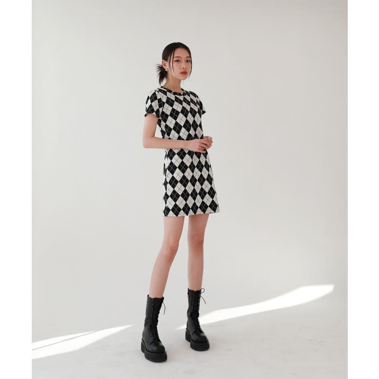 フランス発 Sandro 上品チェック 半袖 プリーツ ミニ ワンピース アーガイル半袖ミニワンピース[品番：FROW0000401]｜by muni:r