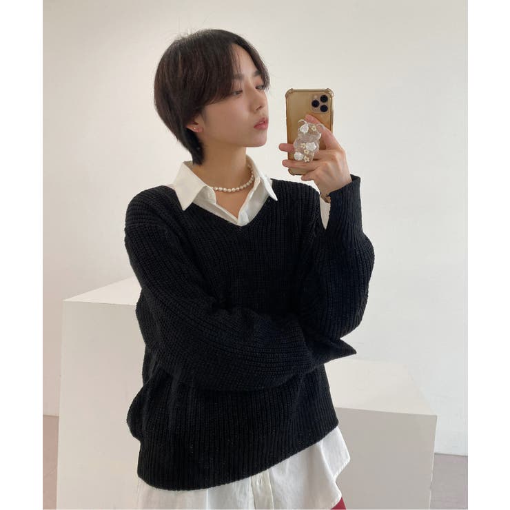 ブラック | ルーズフィットデイリーVネックニット | by muni:r