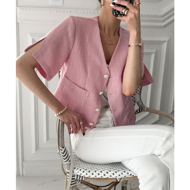 【公式】ノーカラージャケット - by muni:r サマーツイード半袖ジャケット 通販 服 ピンク SHOPLIST/ショップリスト