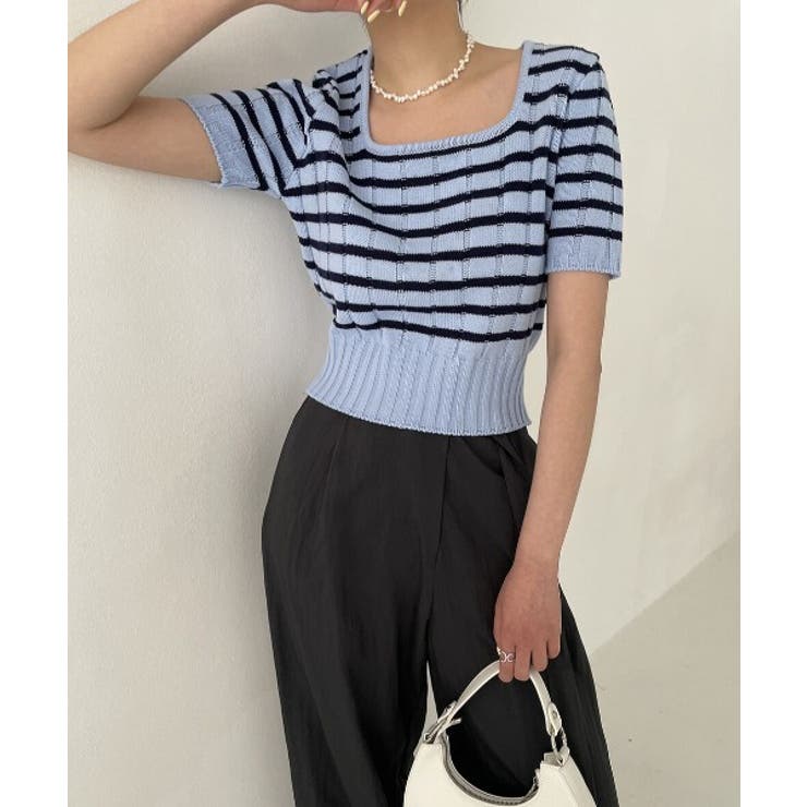 ブルー | ボーダースクエアクロップド半袖ニット | by muni:r