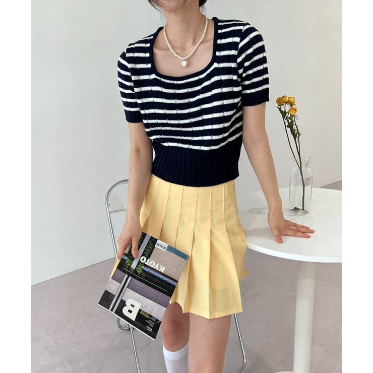 ネイビー | ボーダースクエアクロップド半袖ニット | by muni:r