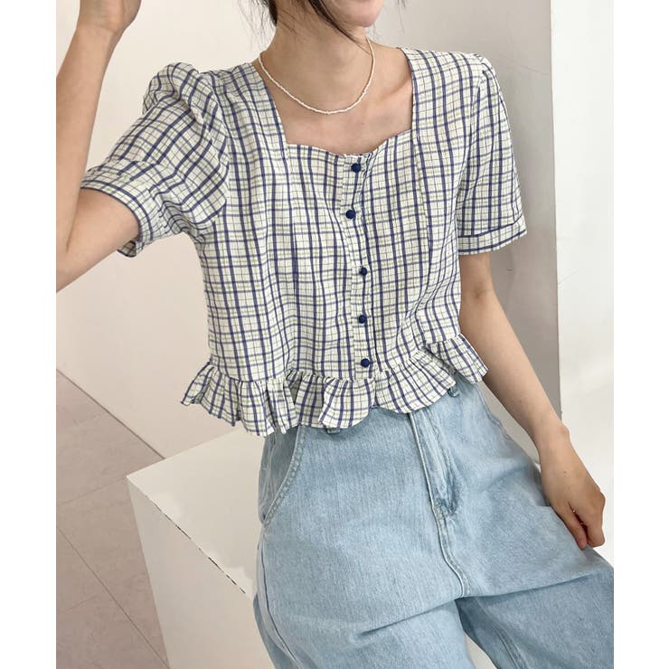 ブルー | ラブリーチェックフリルブラウス | by muni:r