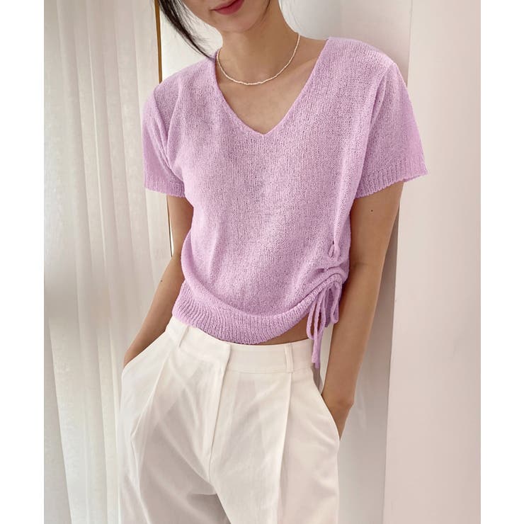 パープル | クロップシャーリングストラップニット | by muni:r