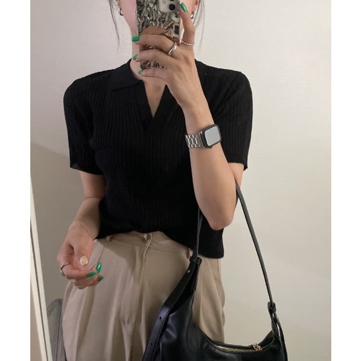 ブラック | Vネックカラーリブニット | by muni:r