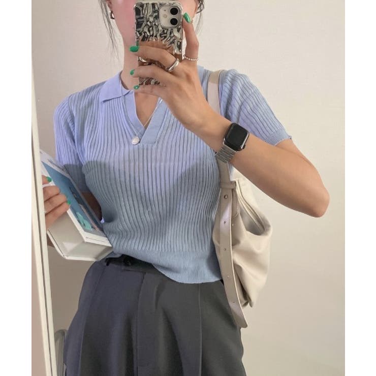 ブルー | Vネックカラーリブニット | by muni:r