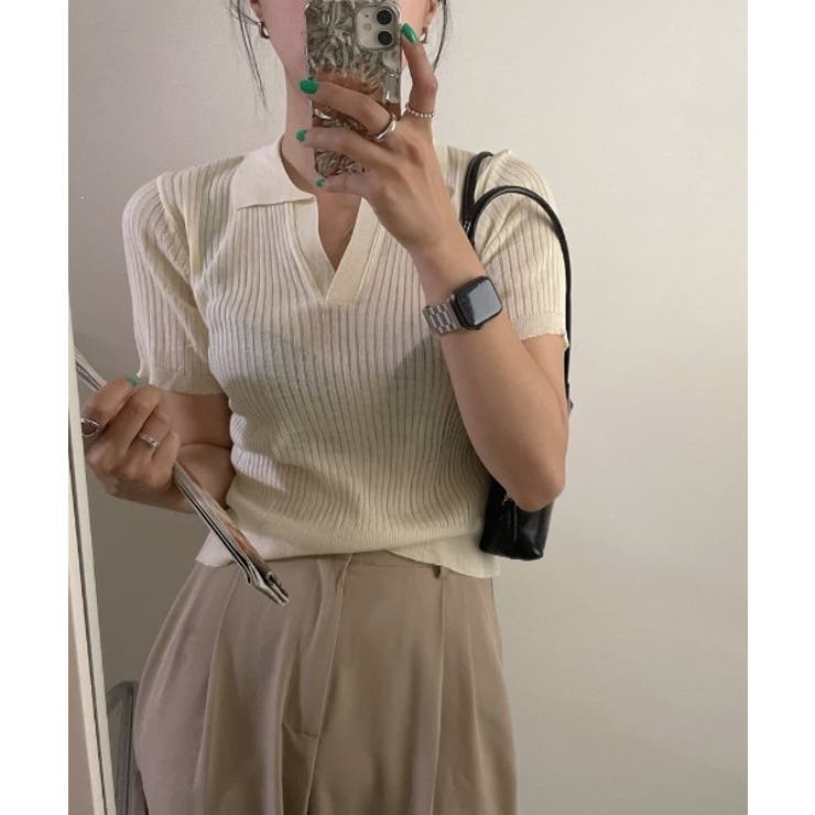 クリーム | Vネックカラーリブニット | by muni:r
