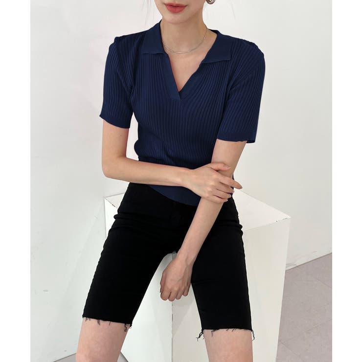 ネイビー | Vネックカラーリブニット | by muni:r