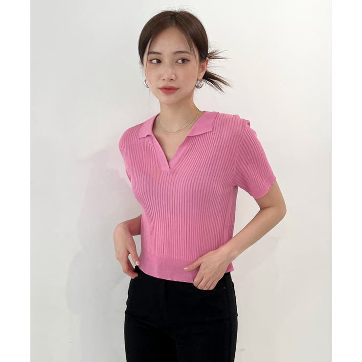 ピンク | Vネックカラーリブニット | by muni:r