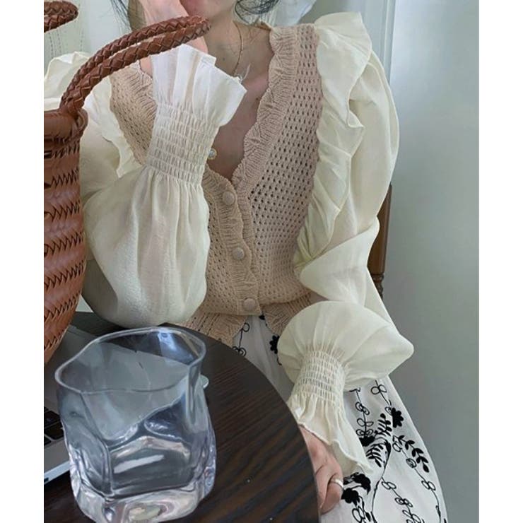 ベージュ | シフォンフリルニットカーディガン | by muni:r