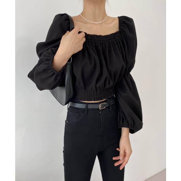 ブラック | パフショルダースクエアネッククロップドブラウス | by muni:r