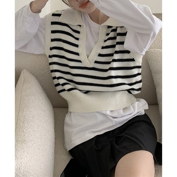 オープンネックボーダーニットベスト | by muni:r | 詳細画像1 