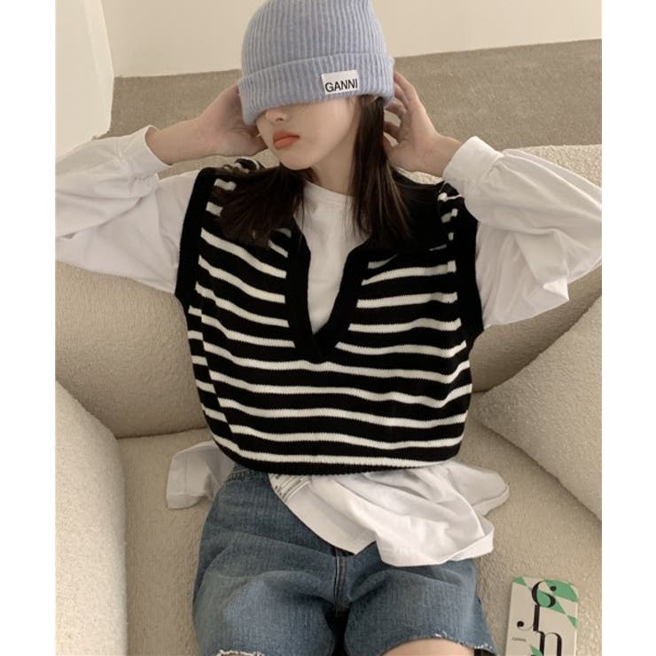 オープンネックボーダーニットベスト | by muni:r | 詳細画像12 