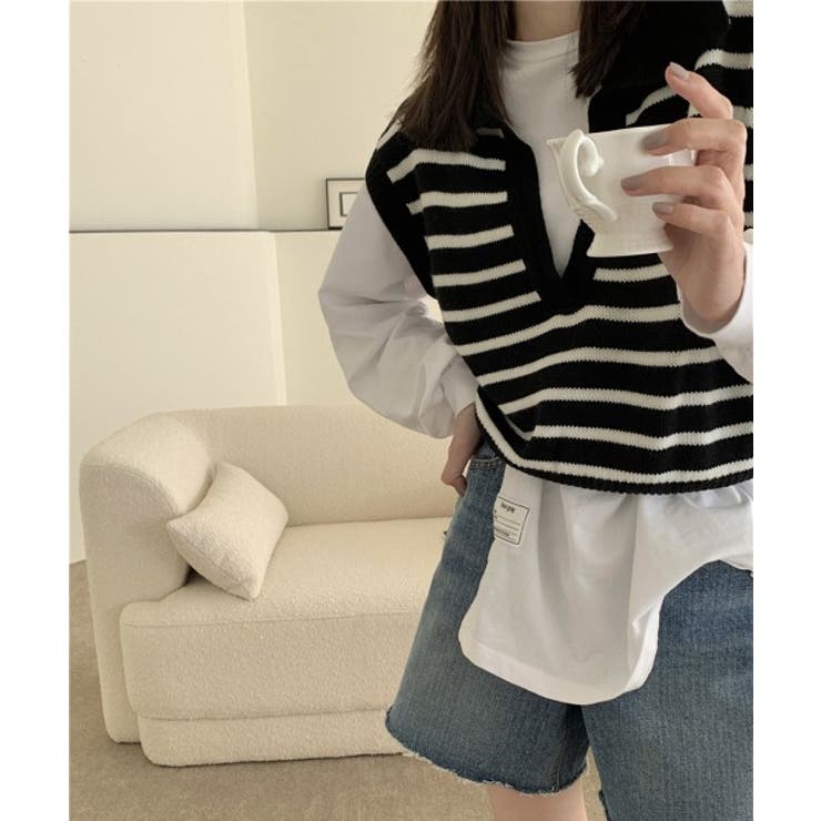 オープンネックボーダーニットベスト | by muni:r | 詳細画像13 