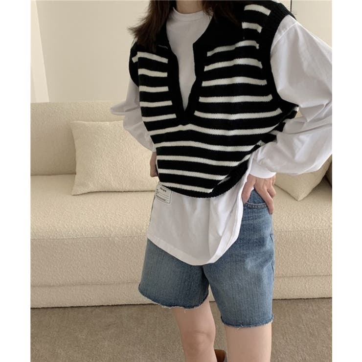 オープンネックボーダーニットベスト | by muni:r | 詳細画像14 