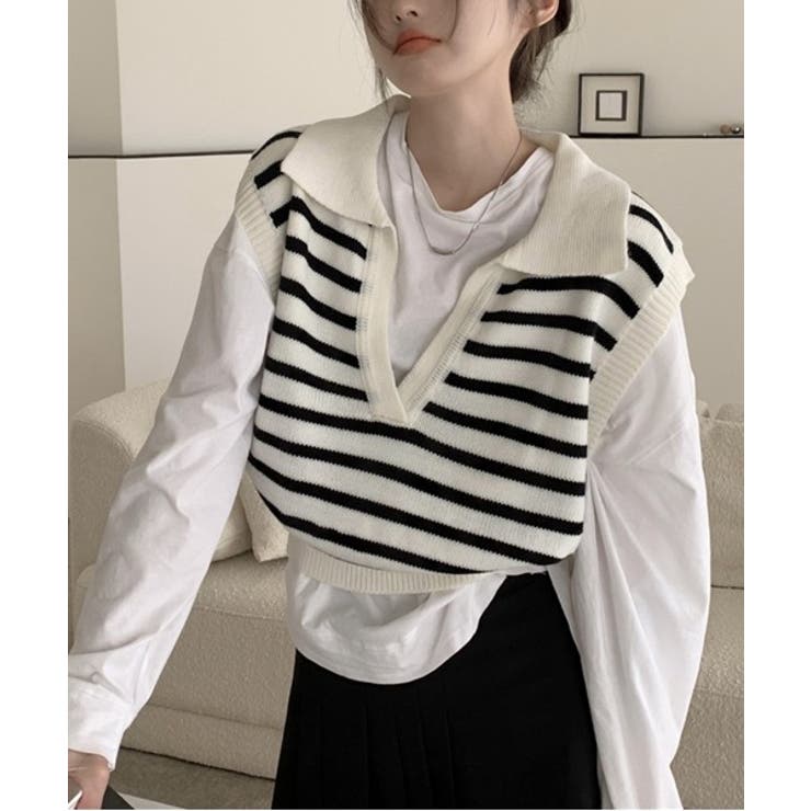 オープンネックボーダーニットベスト | by muni:r | 詳細画像2 