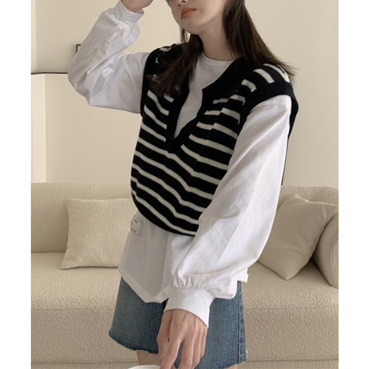 オープンネックボーダーニットベスト | by muni:r | 詳細画像20 