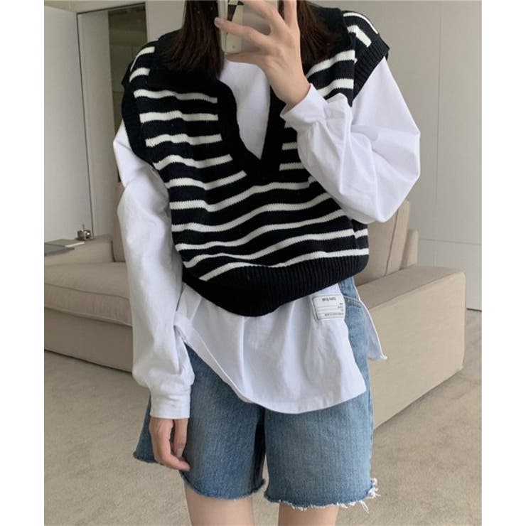 オープンネックボーダーニットベスト | by muni:r | 詳細画像21 