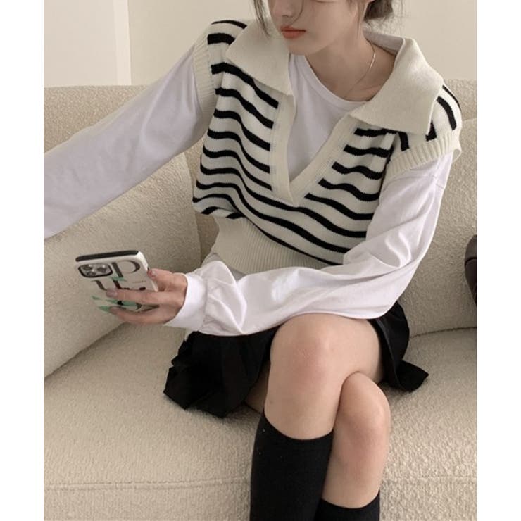 オープンネックボーダーニットベスト | by muni:r | 詳細画像7 