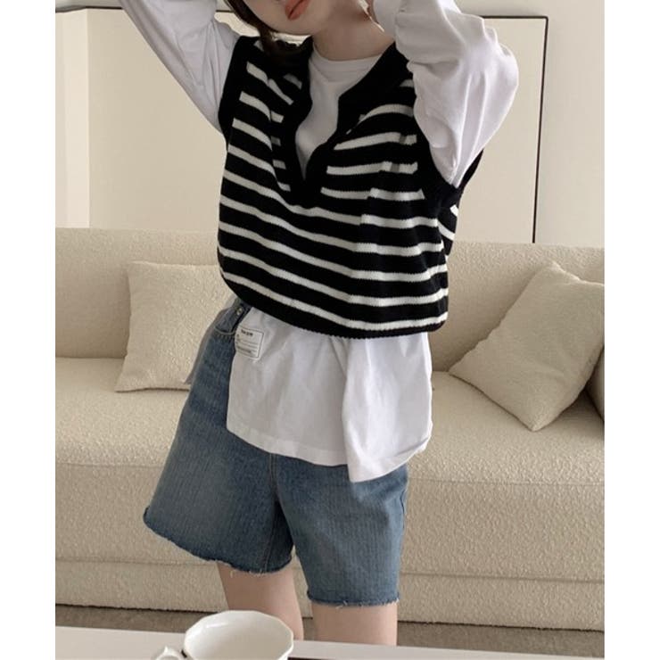 ブラック | オープンネックボーダーニットベスト | by muni:r