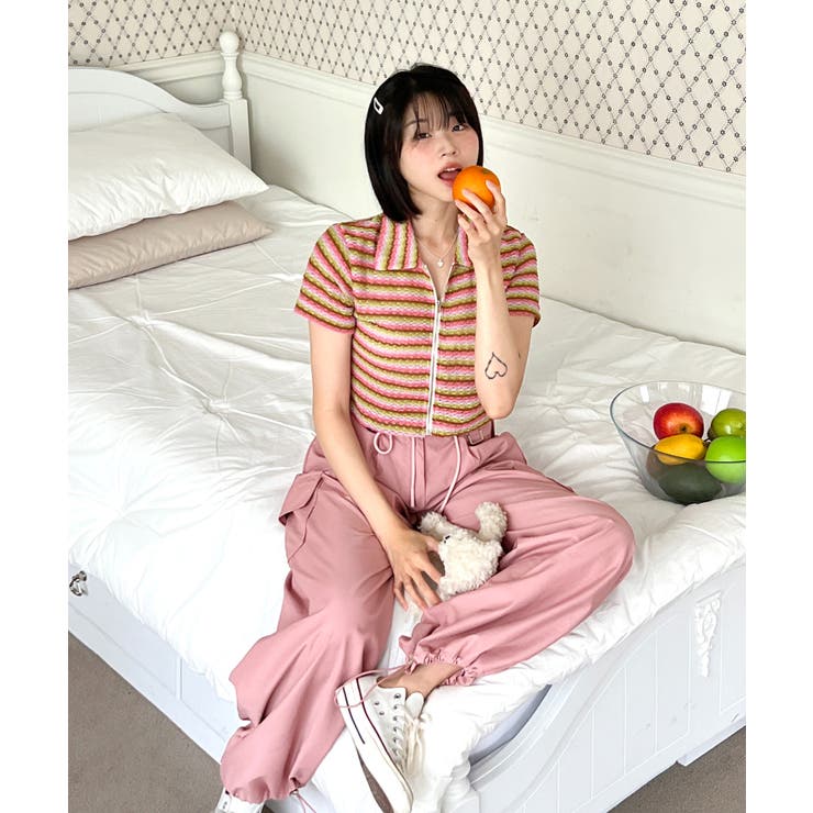【期間限定特価】 ストライプジップアップTシャツ[品番：FROW0001168]｜by muni:r トップス