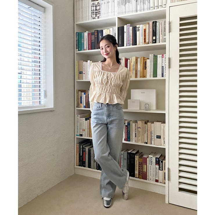 [MIXXO]スクエアネック シャーリング ブラウス_MIWBLE912G シャーリングスクエアネックブラウス[品番：FROW0001310]｜by