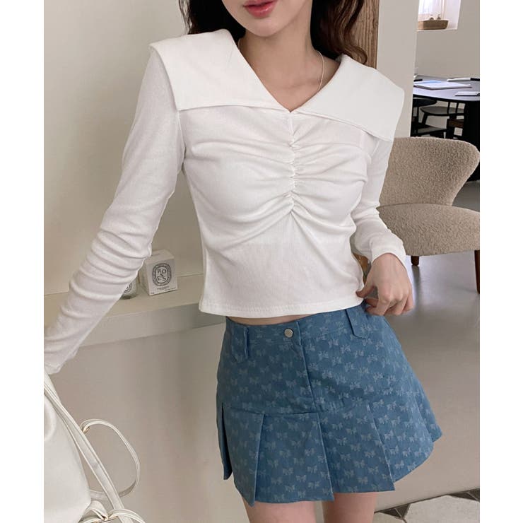 シャーリングワイドカラー長袖Tシャツ | by muni:r | 詳細画像1 