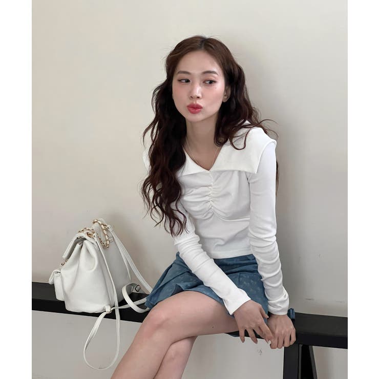 シャーリングワイドカラー長袖Tシャツ | by muni:r | 詳細画像21 