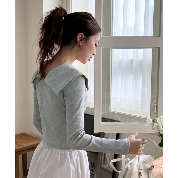 シャーリングワイドカラー長袖Tシャツ | by muni:r | 詳細画像45 