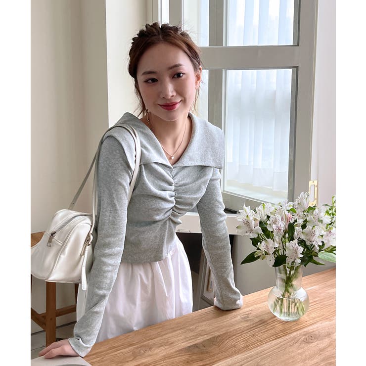 シャーリングワイドカラー長袖Tシャツ | by muni:r | 詳細画像46 