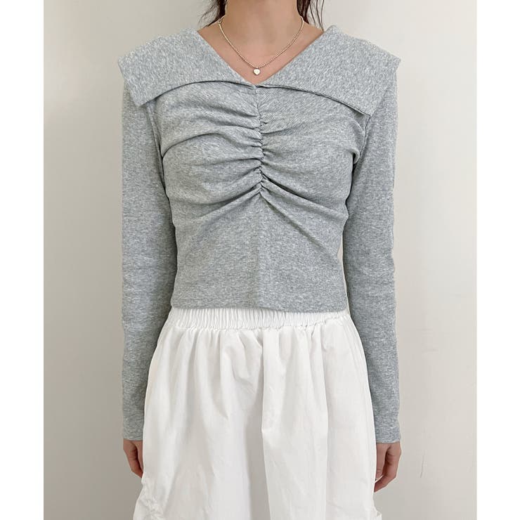 シャーリングワイドカラー長袖Tシャツ | by muni:r | 詳細画像59 