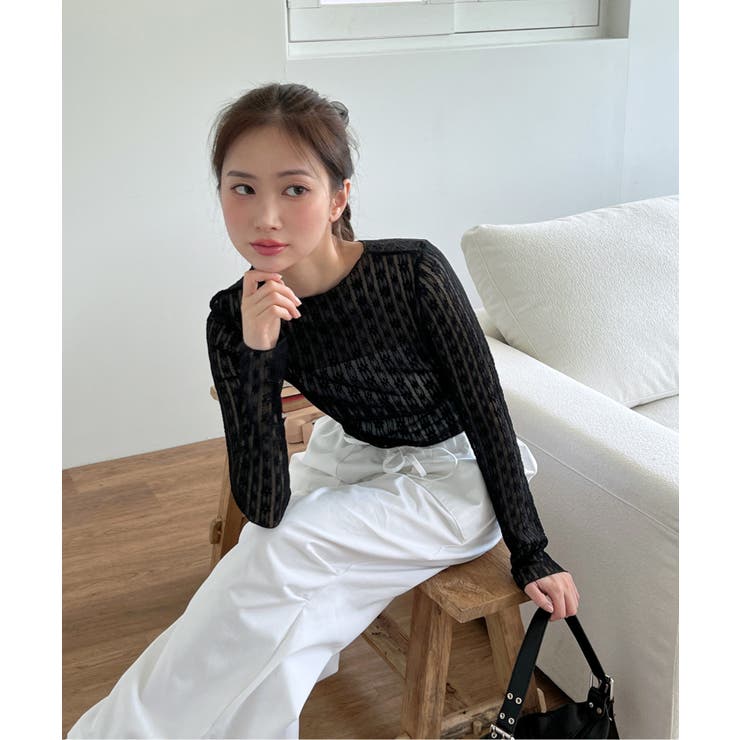 花柄シースルー長袖カットソー【商品番号305】 カットソー Tシャツ トップス 肩レース シースルー 花柄 透け感