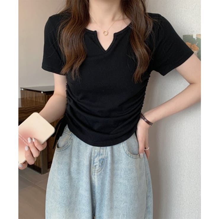 Vカットサイドシャーリング半袖Tシャツ[品番：FROW0001367]｜by
