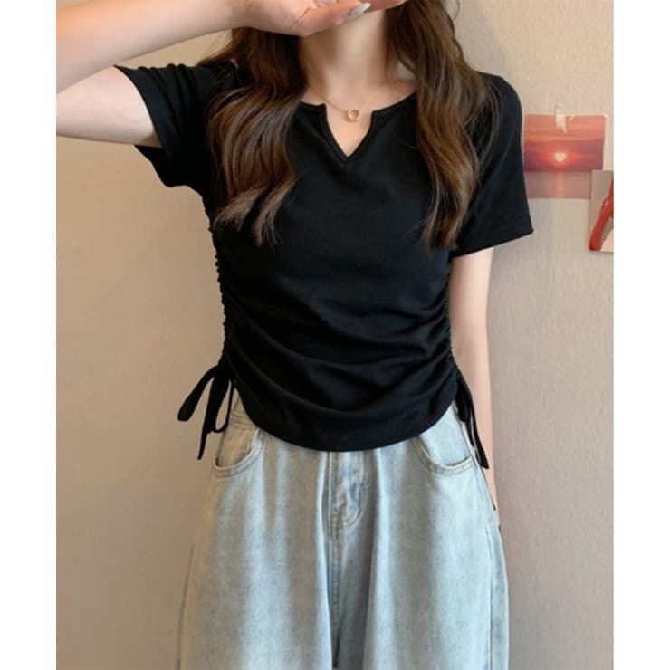 Vカットサイドシャーリング半袖Tシャツ[品番：FROW0001367]｜by