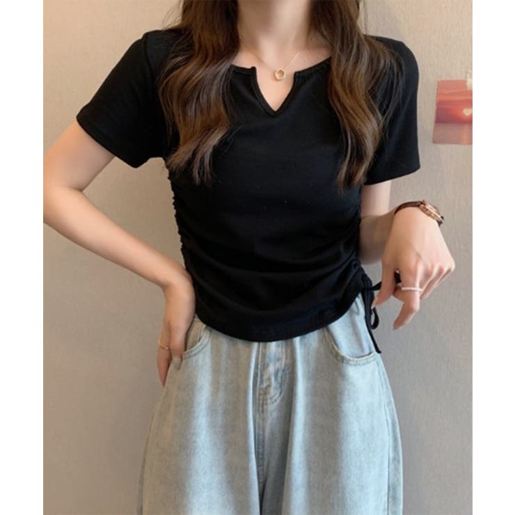 tシャツ ムラ染めシャーリングTシャツ レディース LIAN tシャツ シャーリングギャザーTシャツ レディース